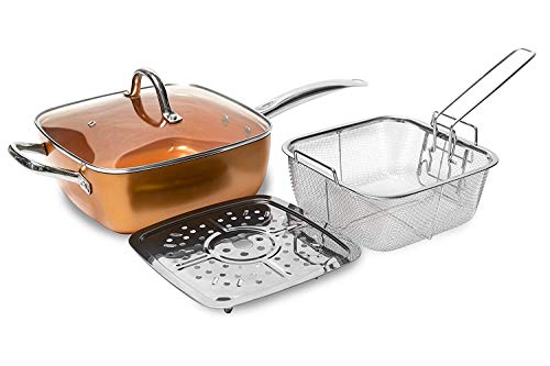 Kupferpfanne, quadratisch, Induktion, für Koch-Glasdeckel, Bratkorb, Dampfregal, 4-teiliges Set